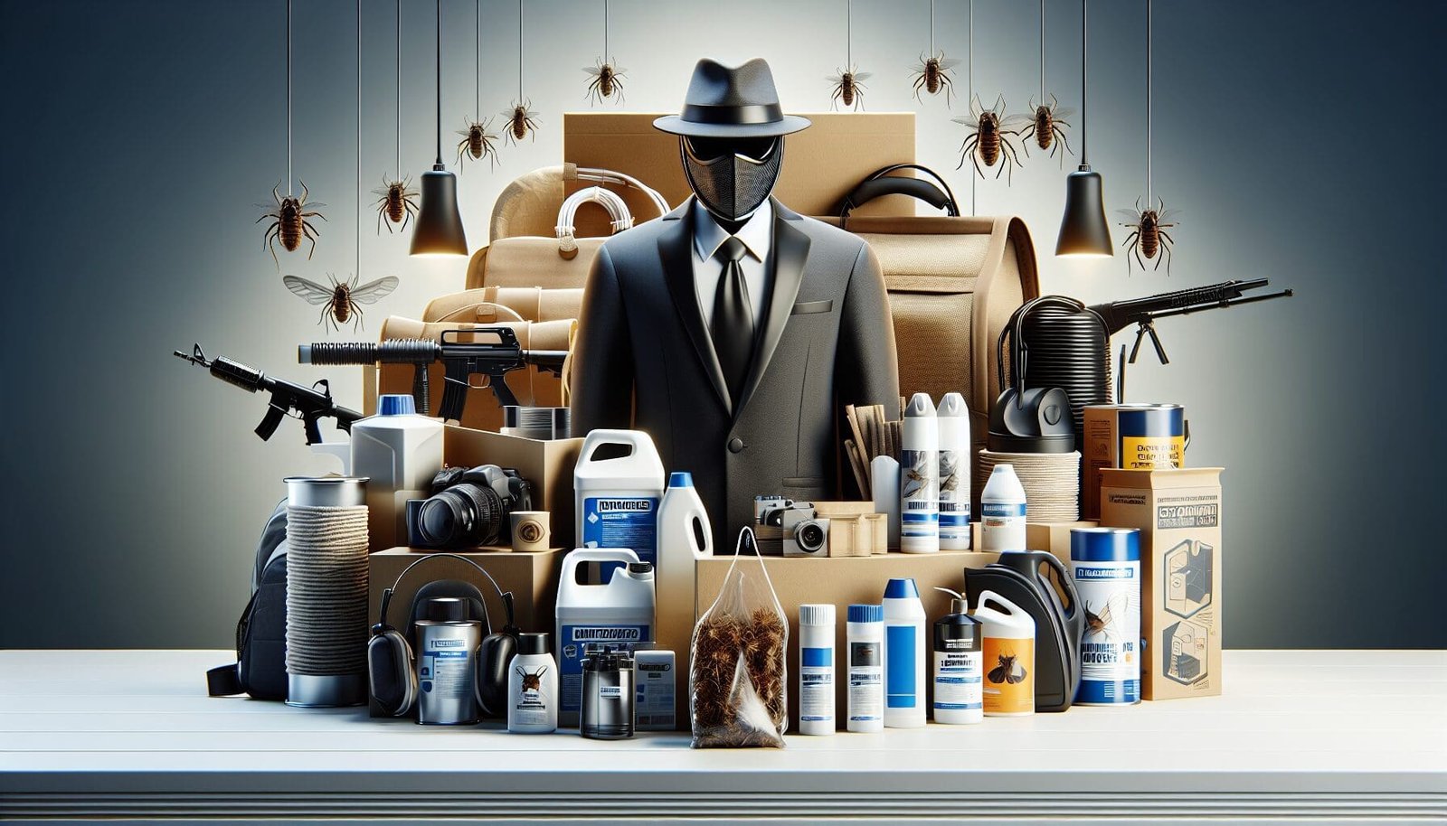 A picture of a person standing around all pest control products