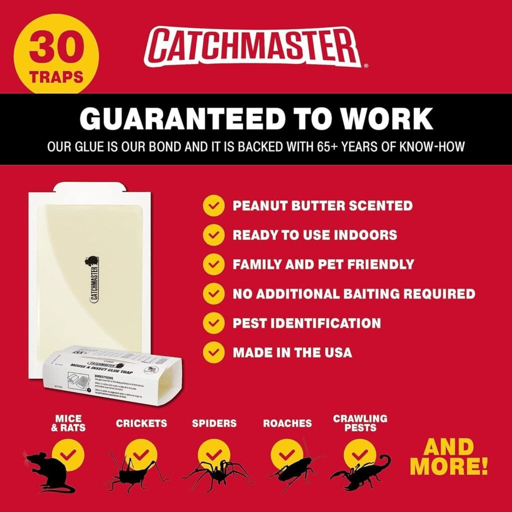 Catchmaster Mouse Insect Super Glue Traps 30PK, Mouse Traps Indoor for Home, Extra Strength Sticky Pest Control Adhesive Tray for Catching Bugs, Rats Rodents, Non Toxic Bulk Pre-Baited Glue Boards