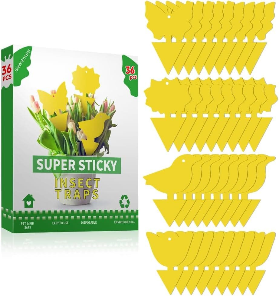 36 Pcs Sticky Traps for Fruit Fly, Whitefly, Fungus Gnat and Bug, Yellow Sticky Insect Catcher Traps for Plant/Indoor/Outdoor/Kitchen, Extremely Sticky, Non-Toxic, Safe for Pet and Kid, 4 Shapes