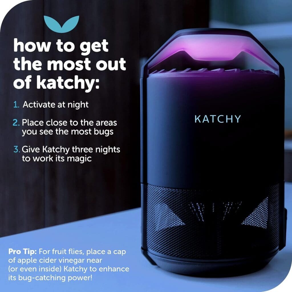 Katchy Indoor Insect Trap - Catcher  Killer for Mosquitos, Gnats, Moths, Fruit Flies - Non-Zapper Traps for Inside Your Home - Catch Insects Indoors with Suction, Bug Light  Sticky Glue (Black)